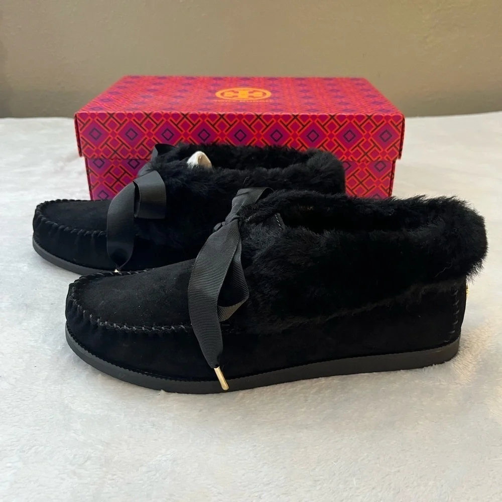 Tory Burch Aberdeen Shearling Slippers Black Suede Bow NIB Size 8